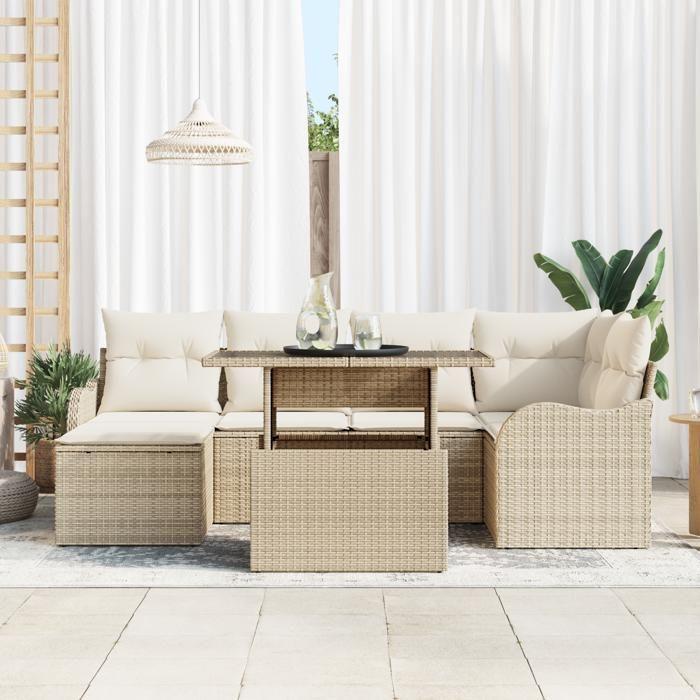 Ensemble de canapés de jardin 7 pièces vidaXL avec coussins en rattan poly beige 3357234