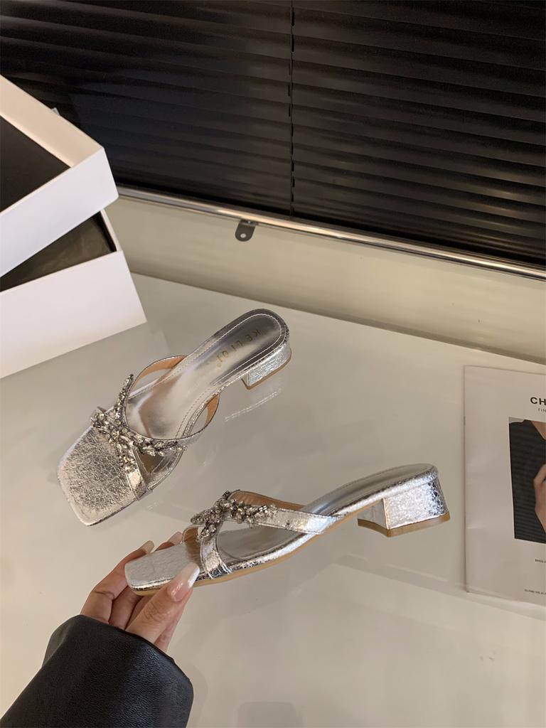 Fairy style silver cool slippers outer wear 2025 summer new middle heel square head French with skirt sandals women's shoes