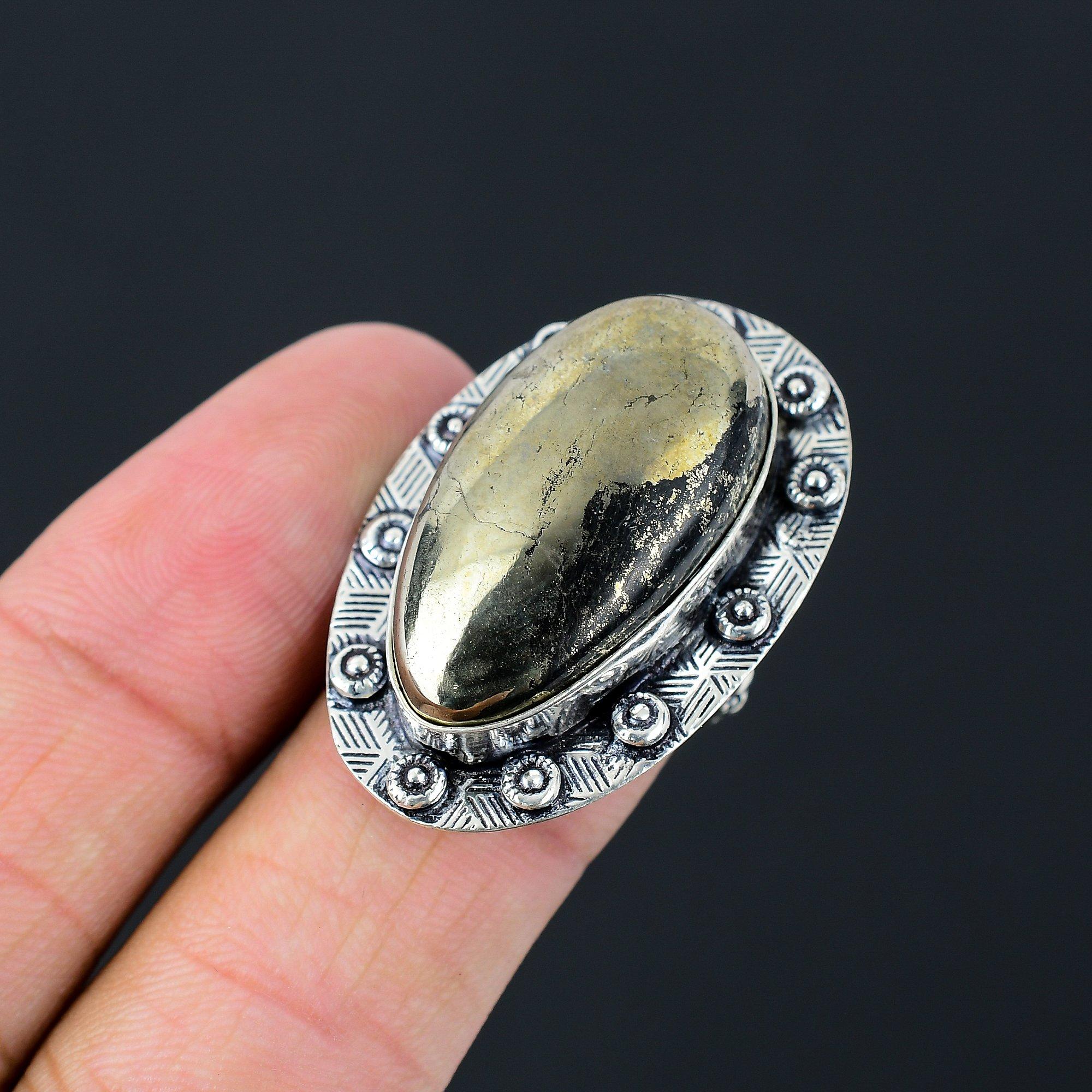 Natural Pyrite Gemstone Stackable Gold Ring Size 7.5 925 Sterling Silver Jewelry 7.5