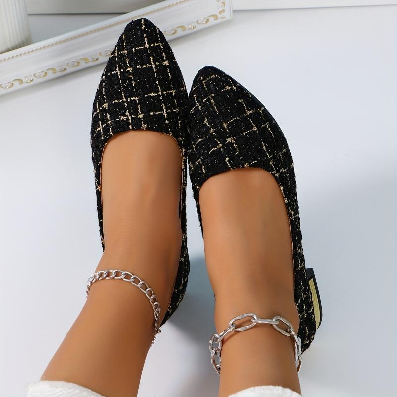 Damskie płaskie buty w kratę z tweedu na miękkiej podeszwie, Lekkie buty na słupku, Eleganckie buty do sukienki z czubkiem