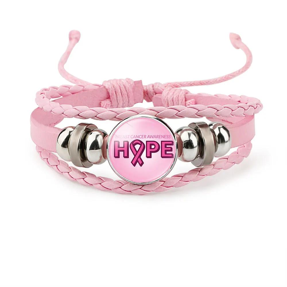 Pink Ribbon Charm Bracelet For Women Braided Leather Rope Bangle Girls Breast Cancer Awareness Hope Jewelry Accessories