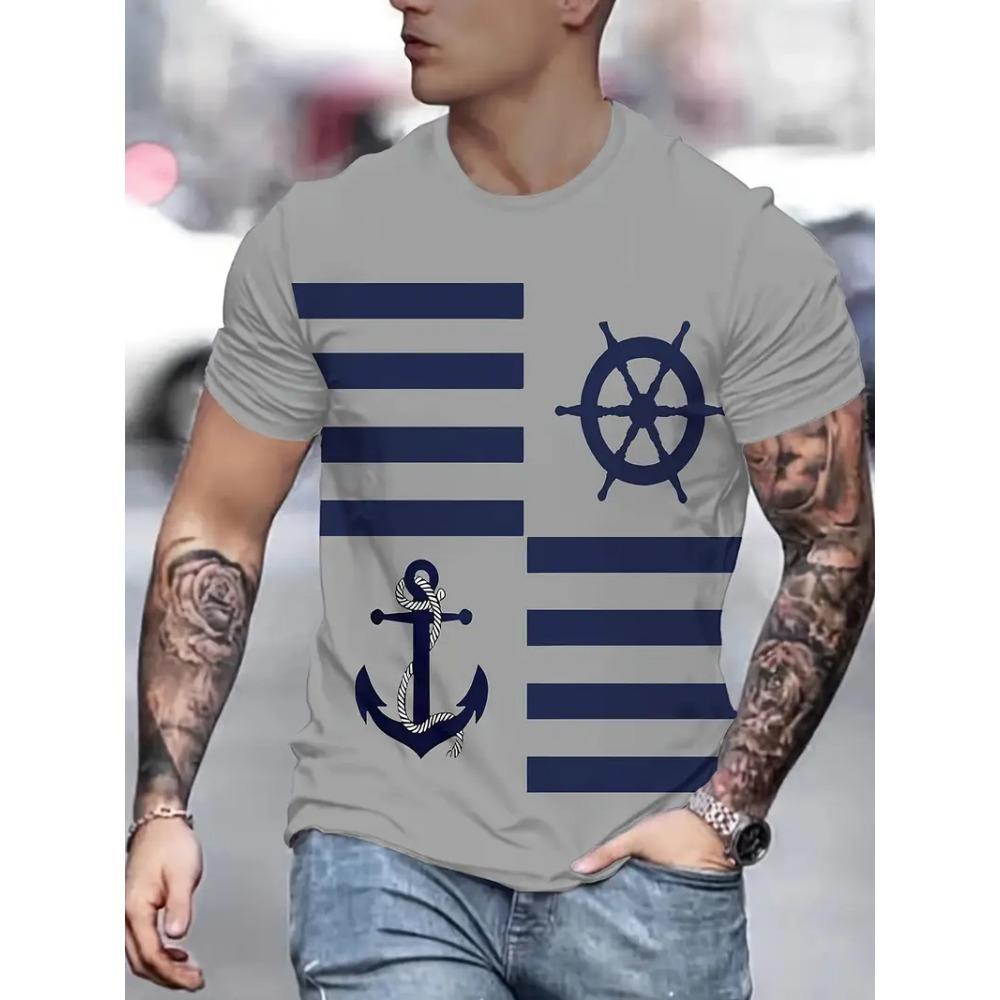 Simple Fashion Anchor Striped T Shirts For Men Summer Trendy Streetwear 3D Printed T-shirts Cool Streetwear Hip Hop Tees Tops