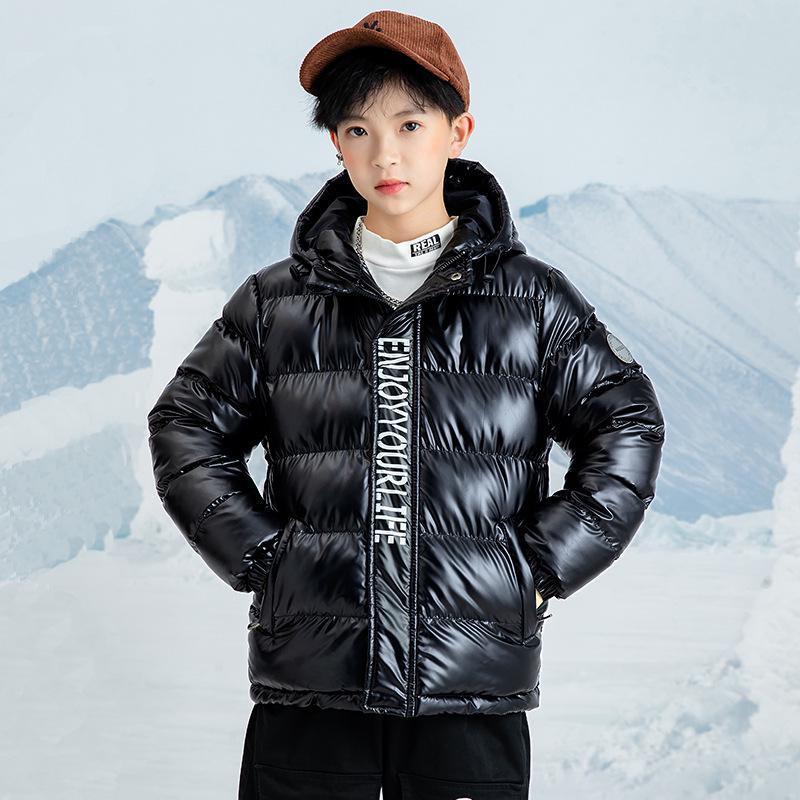 Boys' Hooded Winter Jacket - Thick, Warm, Cotton-Padded Coat with Shiny, Wash-Free Outerwear for Big Kids