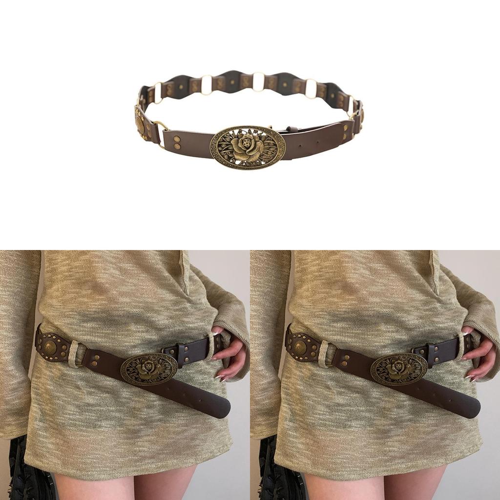 Vintage American Denim Leather Belt For Women With Metal Buckle Fashion Waist Accessory