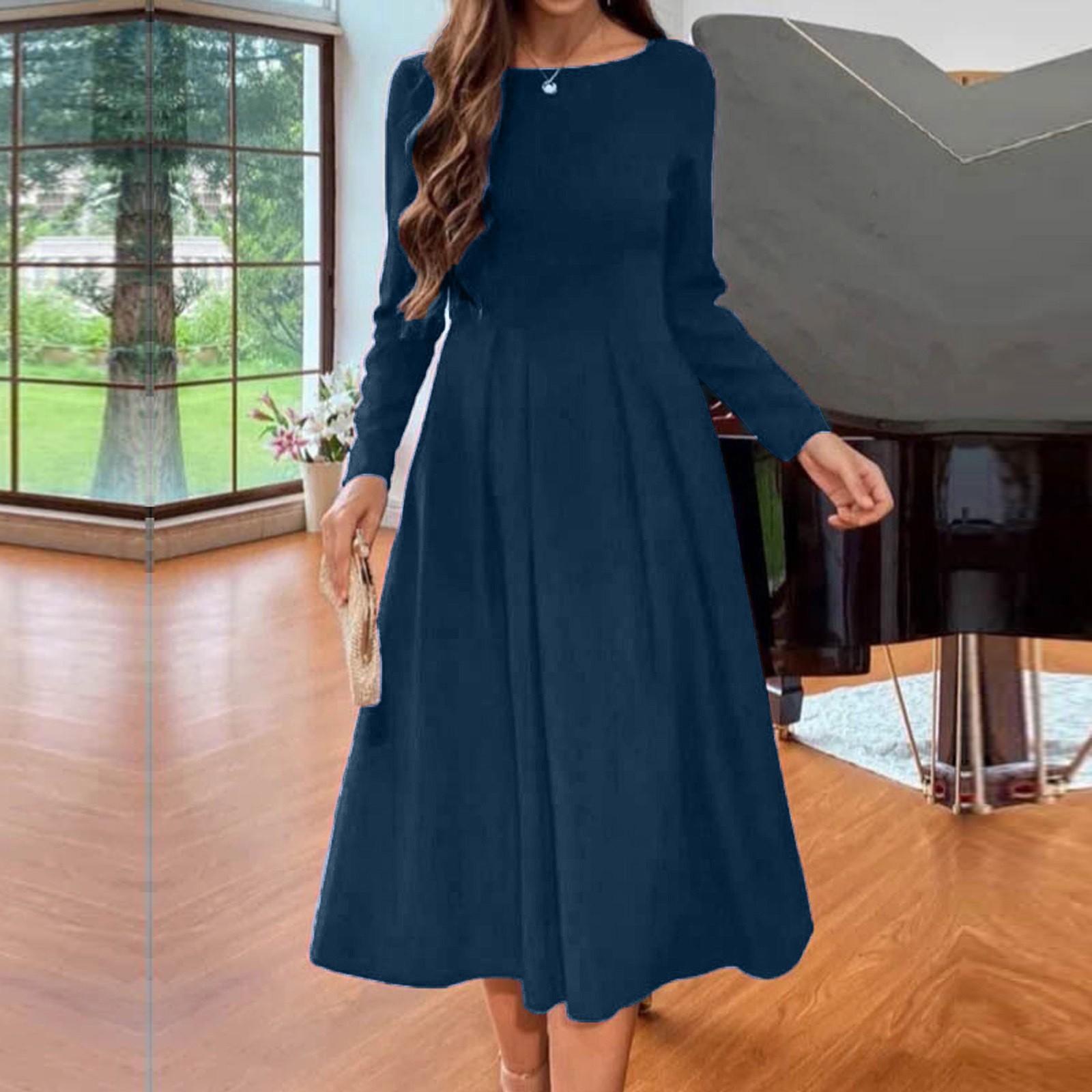 

Ladies Long Sleeve O-Neck Dress Color Casual Slim FIt Women s Dress For Women S Темно-синій