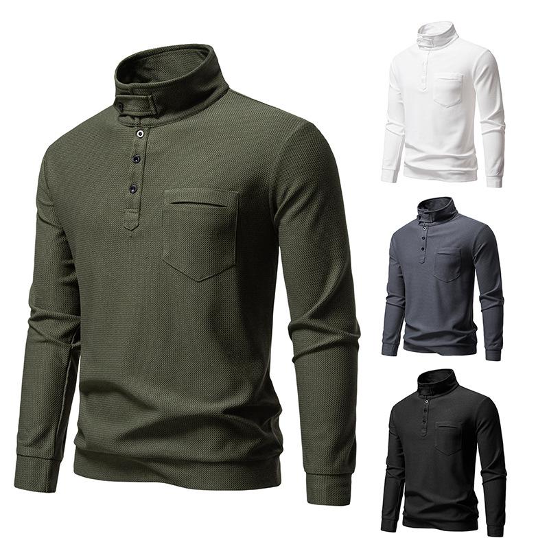 Men's Turtleneck Henley Shirt Long Sleeve Casual Top for Men Autumn Winter Warm Textured Pullover with Pocket Multi-Color Fashion Male Blouse