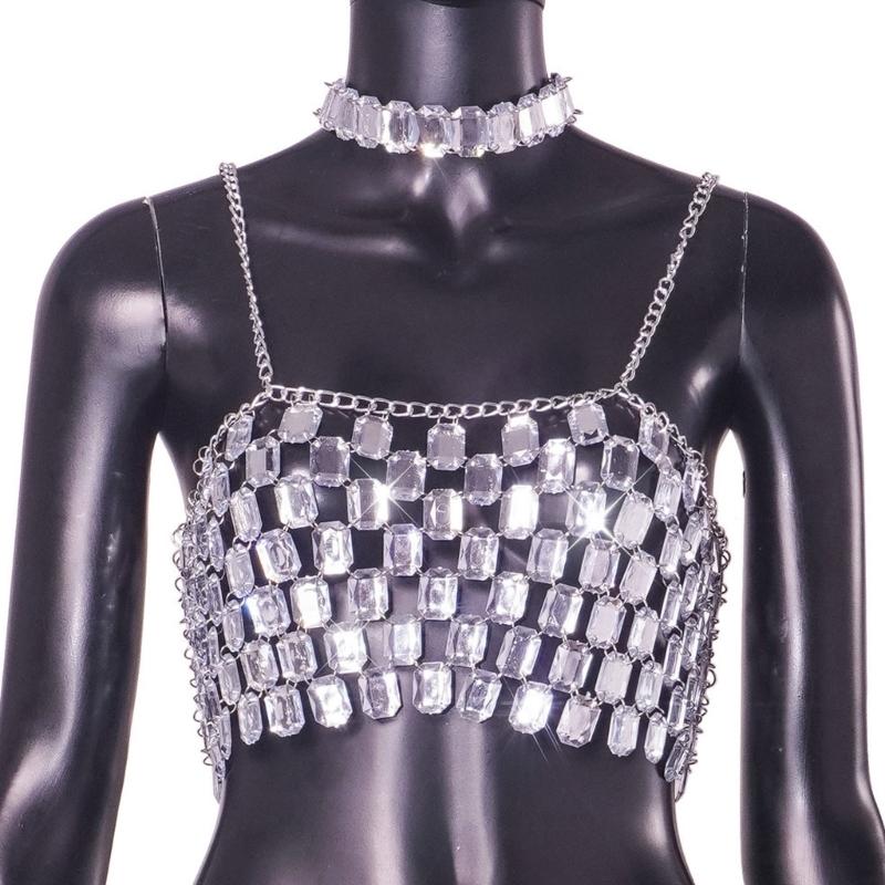 Rhinestones Body Chain Tanks Top Sleeveless Crop Top Body Jewelry Beach Bikini Coverups for Club Party Body Jewelry