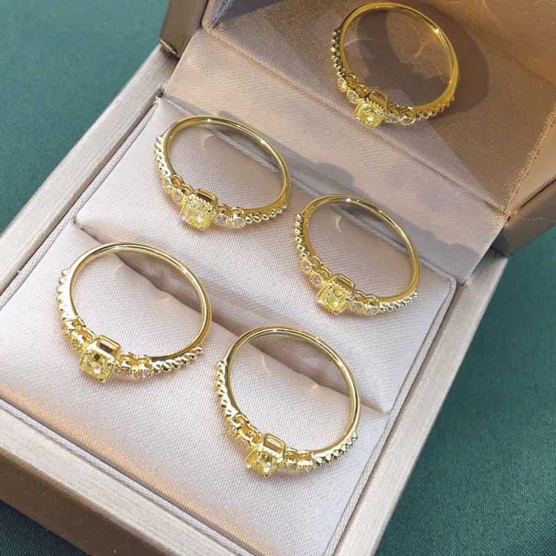 Huitan Geometric Yellow Cubic Zirconia Women Rings Gorgeous Wedding Accessories Anniversary Party Temperament Female Jewelry