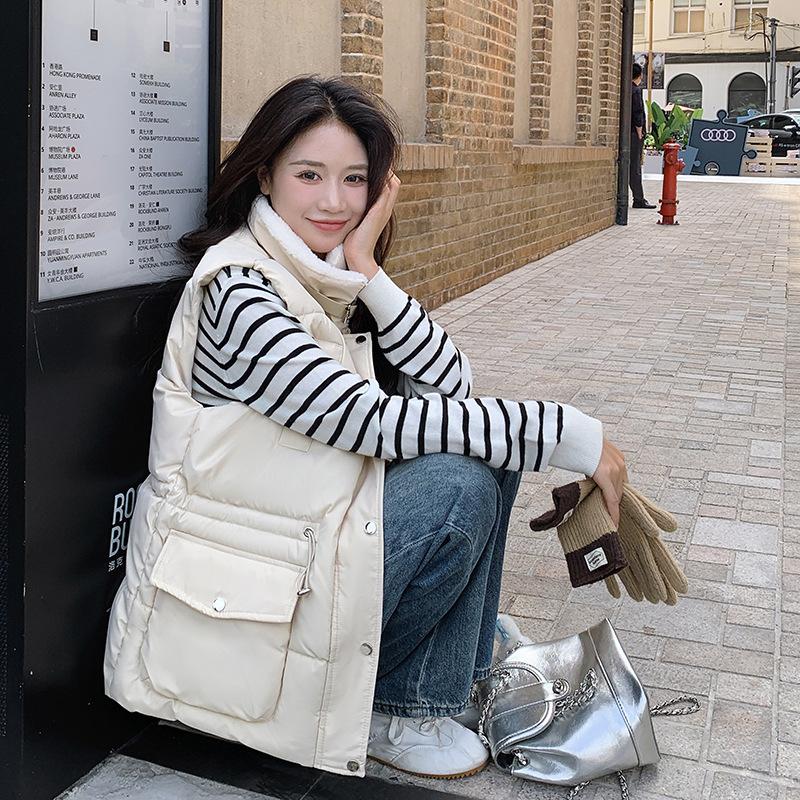Lamb wool splicing down cotton vest women's autumn and winter waist thin medium and long vest jacket