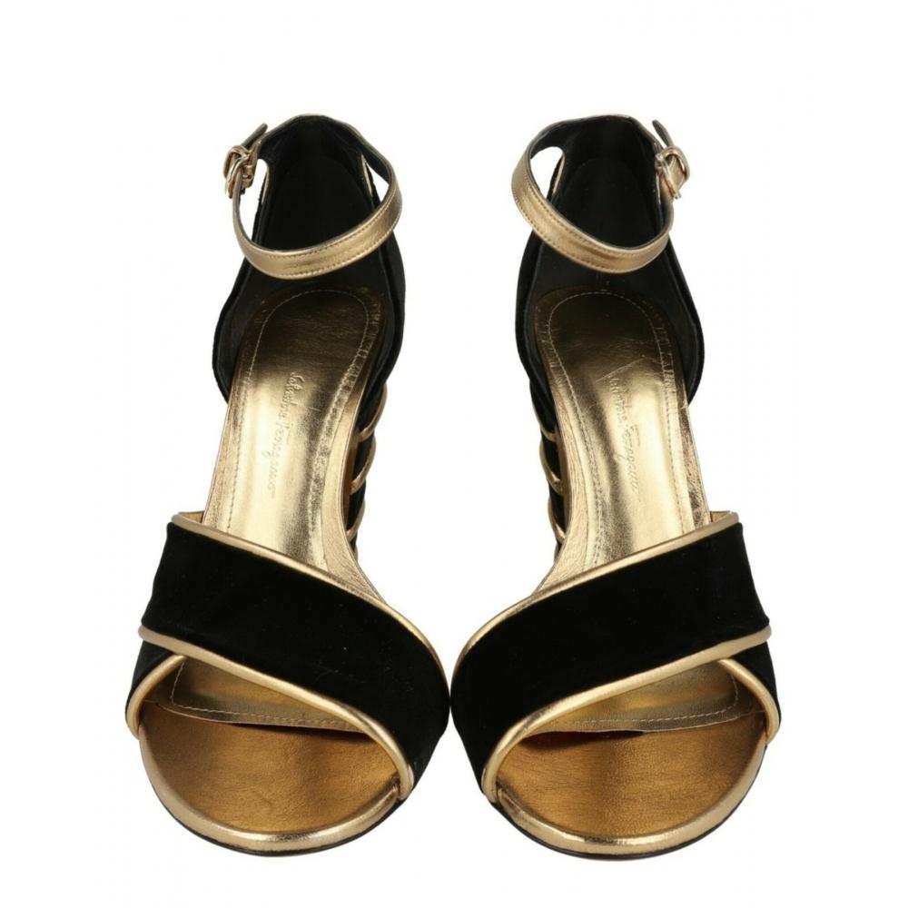 Salvatore Ferragamo Ether Velvet Heel Sandals Black