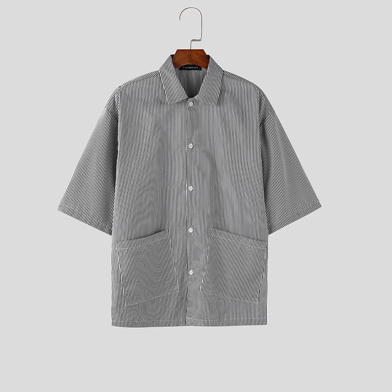 

INCERUN Summer Men Lapel Neck Short Sleeve Striped Pockets Casual Oversized Shirts S чёрный