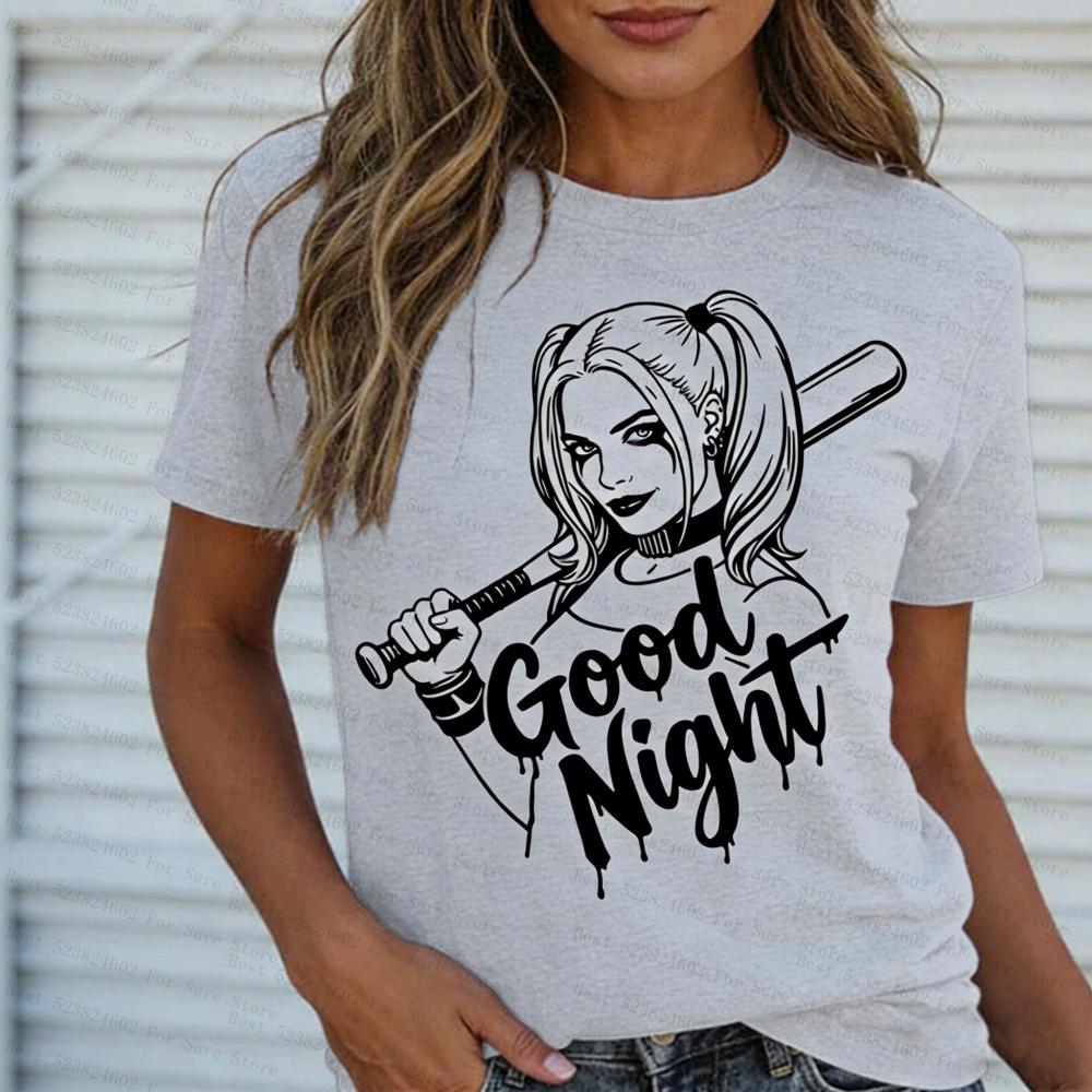 Womens Harley Quinn Good Night Graphic TShirt Casual Short Sleeve Tee Plus size Streetwear Top for Daily Wear Hot Selling