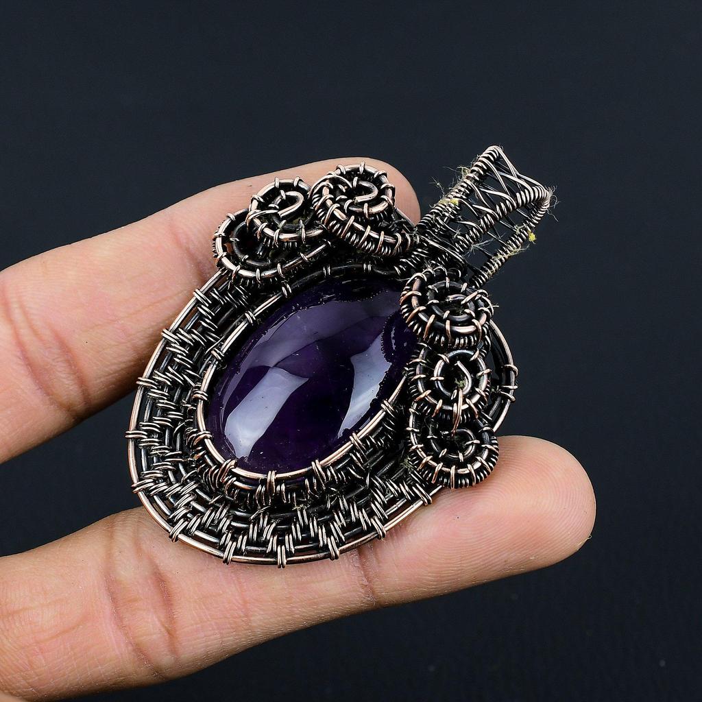 Amethyst Pendant Gemstone Jewelry, 999 Copper Wire Wrapped Pendant, Gift For Women Handmade Pendant