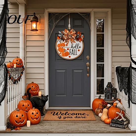 Decorative Hanging Pumpkin Hello Fall Door Hanger, Wooden Welcome Sign with Bow, Thanksgiving Party Supplies Rustic Autumn Wreath for Front