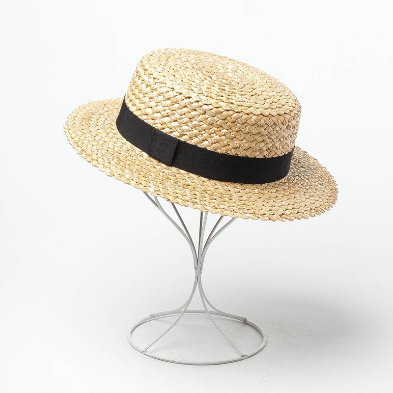 

RH Spring Summer Beach hat Black Ribbon Female Thick Wide Wheat Braid Boater Hat Natural Straw Beach Visor Sun Cap adult size 56-58cm