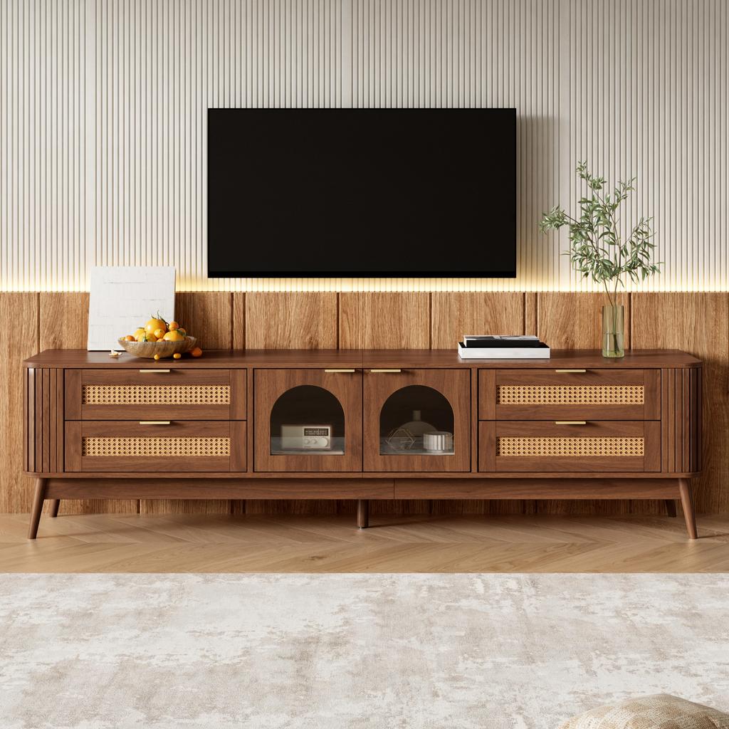 TV Cabinet, Tempered Safety Glass Doors, App-Controllable LED Lighting, Living Room Storage Cabinet, Chipboard, Solid Wood Legs, Four Drawers