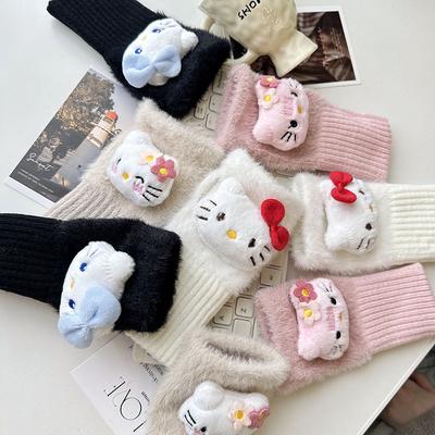 Winter New Kt Cat Student Gloves Warm and Cold Proof Half Finger Gloves Cartoon Cute Writing Office Plush Gloves