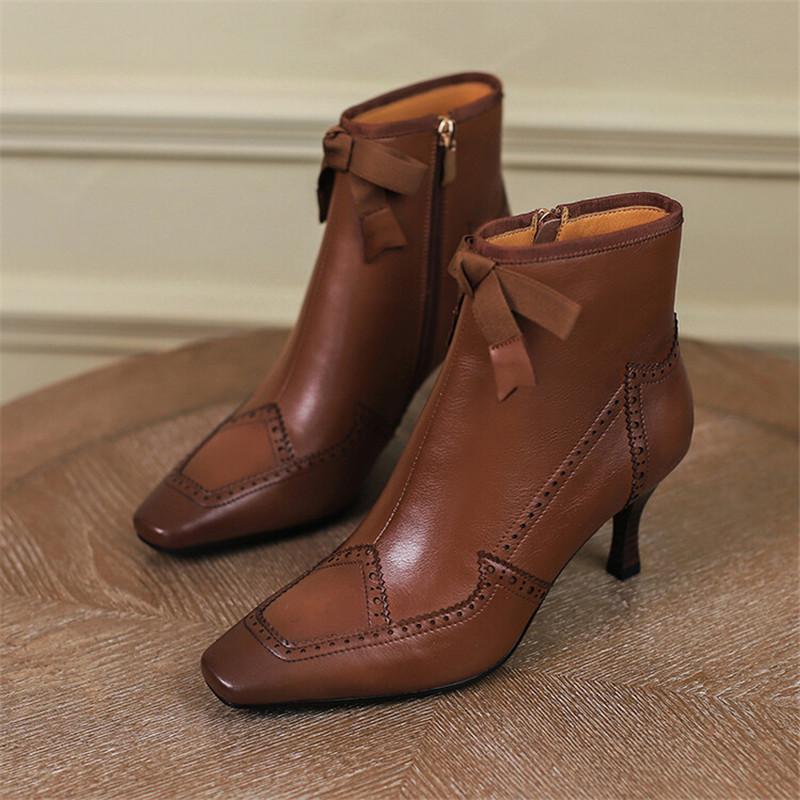 Fashion New 2025 Autumn Winter Bullock Women Shoes High Heel Genuine Leather Boots for Women Square Toe Boots Zipper Bow Ankle Boots