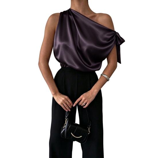 Dames Blouse Schuine Schouder Asymmetrisch Off-Shoulder Strik Blouse Casual Kantoorstijl Losse Pasvorm Satijnen Tops Dagelijkse Kleding