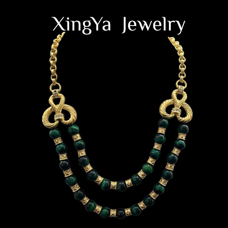 Винтажный Зеленый Тигровый Глаз Камень Ручной Работы Бусина Тяжелая Промышленность Элегантное Ожерелье Серьги Набор