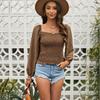 Slim Looking Square Collar Fashion Print Pullover Long Sleeves T-shirt