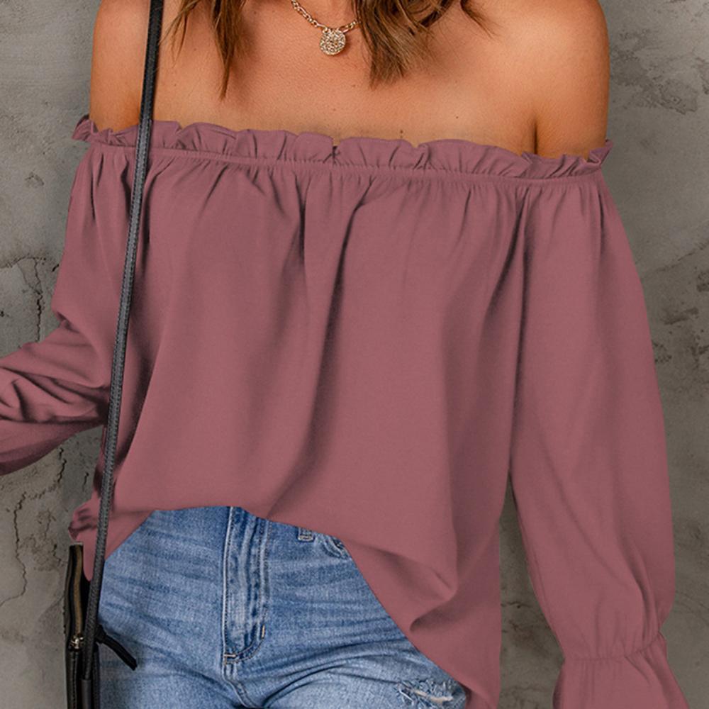 Women's One-line Neck Chiffon Shirt Spring and Autumn Solid Color Pullover Sexy Off-the-shoulder T-shirt