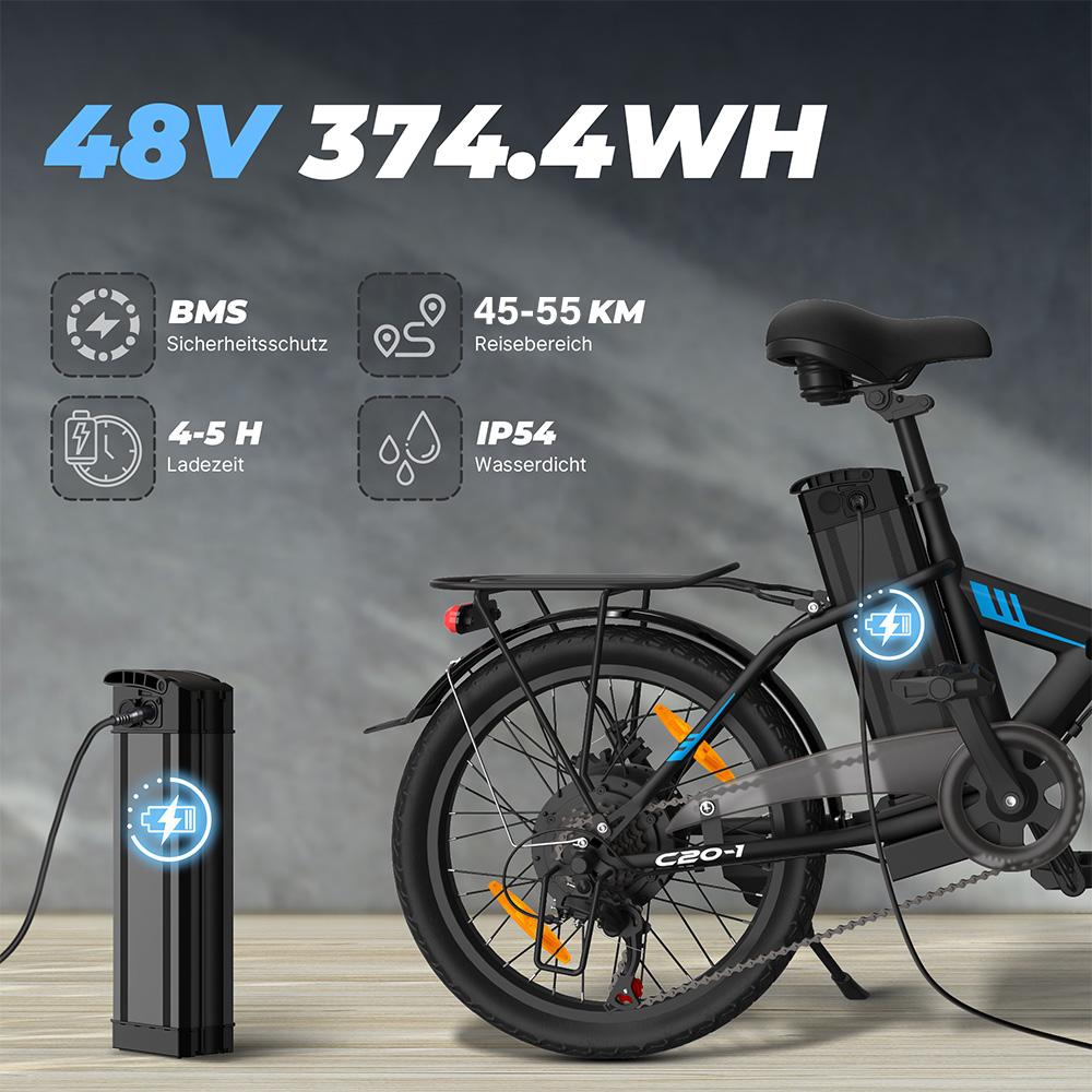 Elektrisches Fahrrad Faltbar VARUN C20 250W Motor 20" Reifen 48V 7.8AH Erwachsenen E-Bike Höchstgeschwindigkeit 25Km/h 7 Gänge Max. Reichweite 55Km Zuladung 150Kg Schwarz
