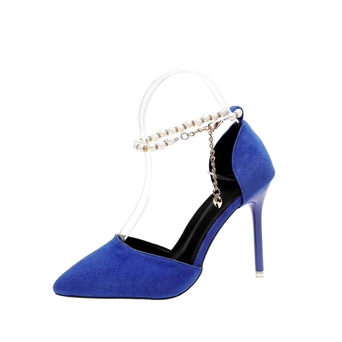 

Мода 2025 Лето Новые Женские Туфли на Невысоком Каблуке Модные С Острым Носком На Тонком Каблуке С Ремешком и Пряжкой из Бусин для Вечеринки и Платья 36 синий