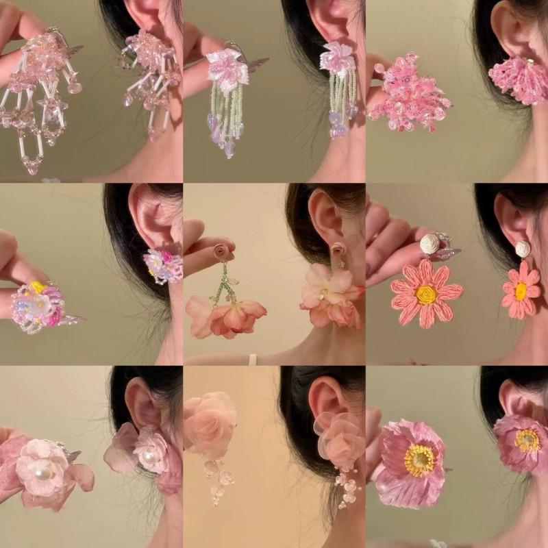 Silver Needle Flower Mesh Fringed Stud Earrings Fresh and Sweet Seaside Vacation Style Earrings Fashionable Versatile Atmosphere Earrings
