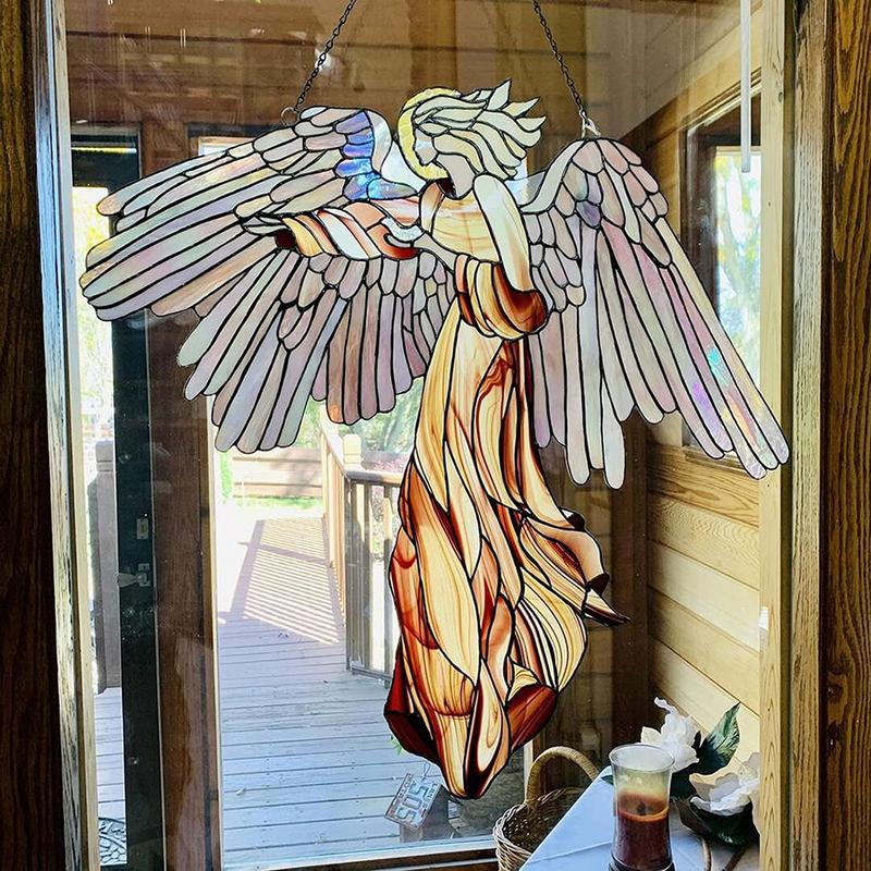 Acrylic Angel Statue Ornament Stained Glass Art Window Hanging Angel Pendant Home Decoration For Courtyard Garden