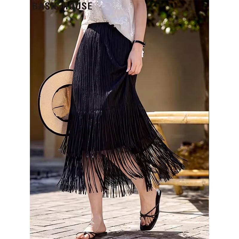 Basic House Women s High-Waist Pleated Tassel Midi Skirt S