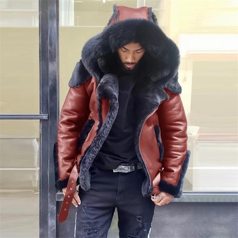 Men's Autumn and Winter Long Sleeve Hooded Zip Leather Motorcycle Jacket