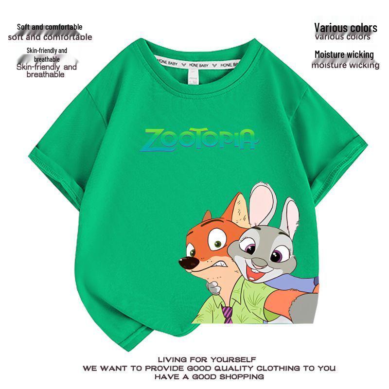 Kids' Zootopia Cartoon T-Shirt - Short Sleeve, Pure Cotton, Stylish Summer Top for Boys and Girls