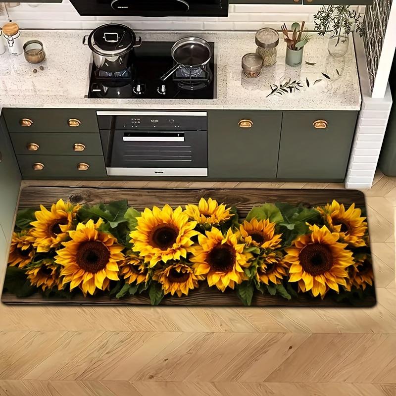 Sunflower Print Kitchen Runner Rug, Non-Slip Absorbent Floor Mat with Rustic Wood Grain, Washable Sunflower Decor for Kitchen