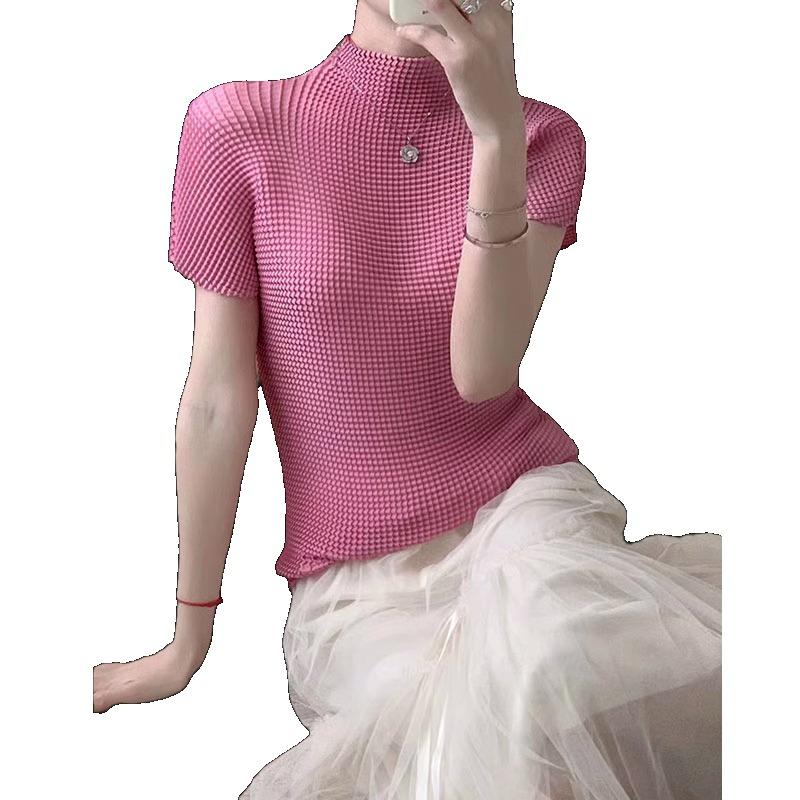 Vintage Wrinkled Short Sleeve Women  High Neck Slim Fit Summer Magic Casual Thin Top