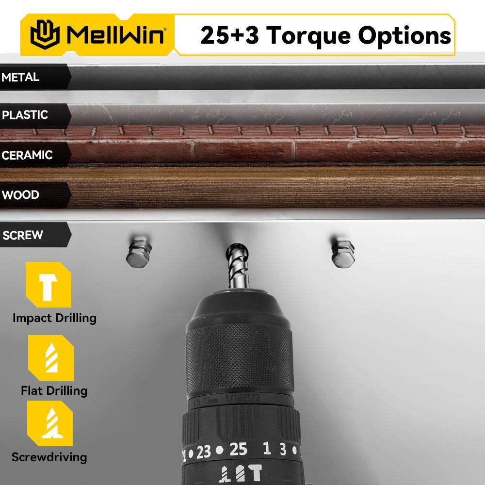 MELLWIN 13MM Bürstenloser Elektrohammerbohrer 25+3 Drehmoment Flachbohrer Schraubendrehersatz Home DIY Elektrowerkzeuge für Makita 18V Batterie