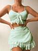 European and American Women's Fashion Solid Bikini Set 3 Pieces Swimwear Set Padded Ruffled Knot Top Briefs Ruffled Skirt Swimsuit Modest Bathing Suit