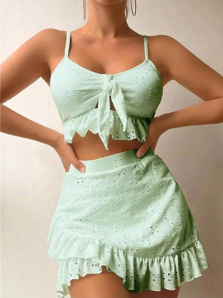 European and American Women's Fashion Solid Bikini Set 3 Pieces Swimwear Set Padded Ruffled Knot Top Briefs Ruffled Skirt Swimsuit Modest Bathing Suit