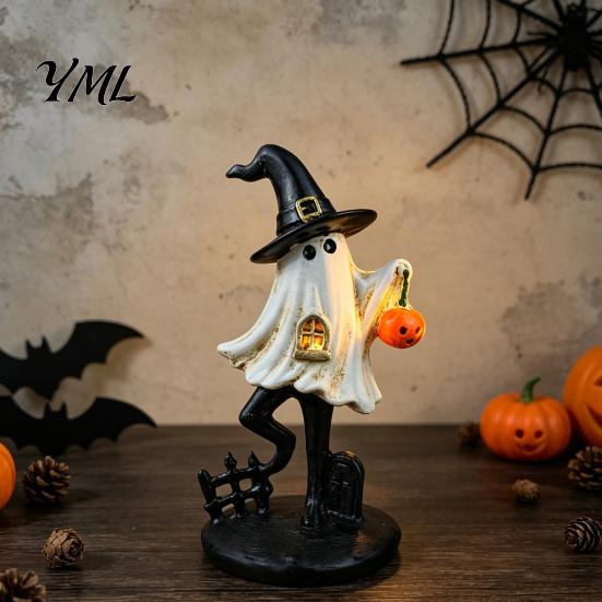 Hand Painted Resin Ghost Decor Halloween Figurine, Vintage Cute Holding Unique Gothic Room Accents Pumpkin Lantern Statue for Indoor Home Table
