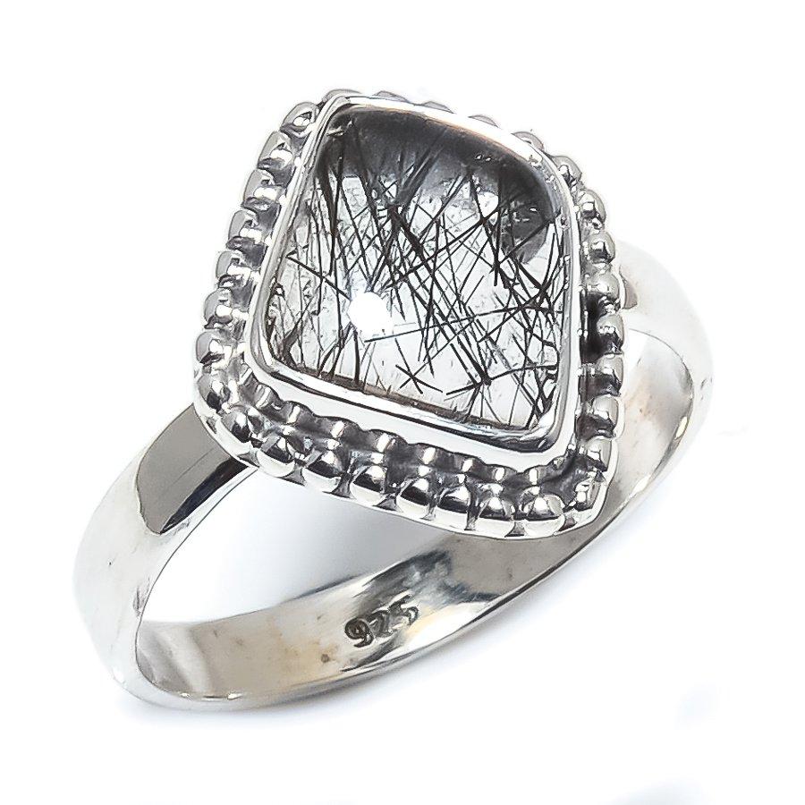 Natural Black Rutile Gemstone Handmade 925 Sterling Silver Jewelry Ring S.7 d4K74