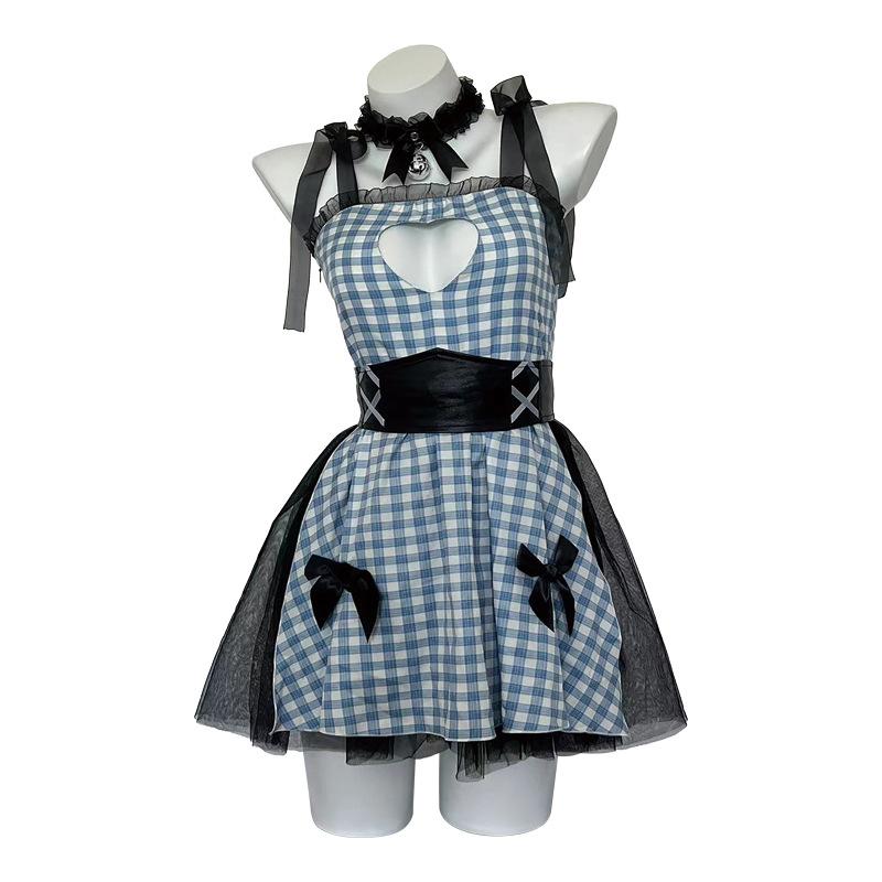 Pure Desire Hollow Out Dress Soft Sweet Servant Roleplay Outfit Sexy Lingerie Maid Uniform Cosplay Kawaii Female Plaid Skirt New