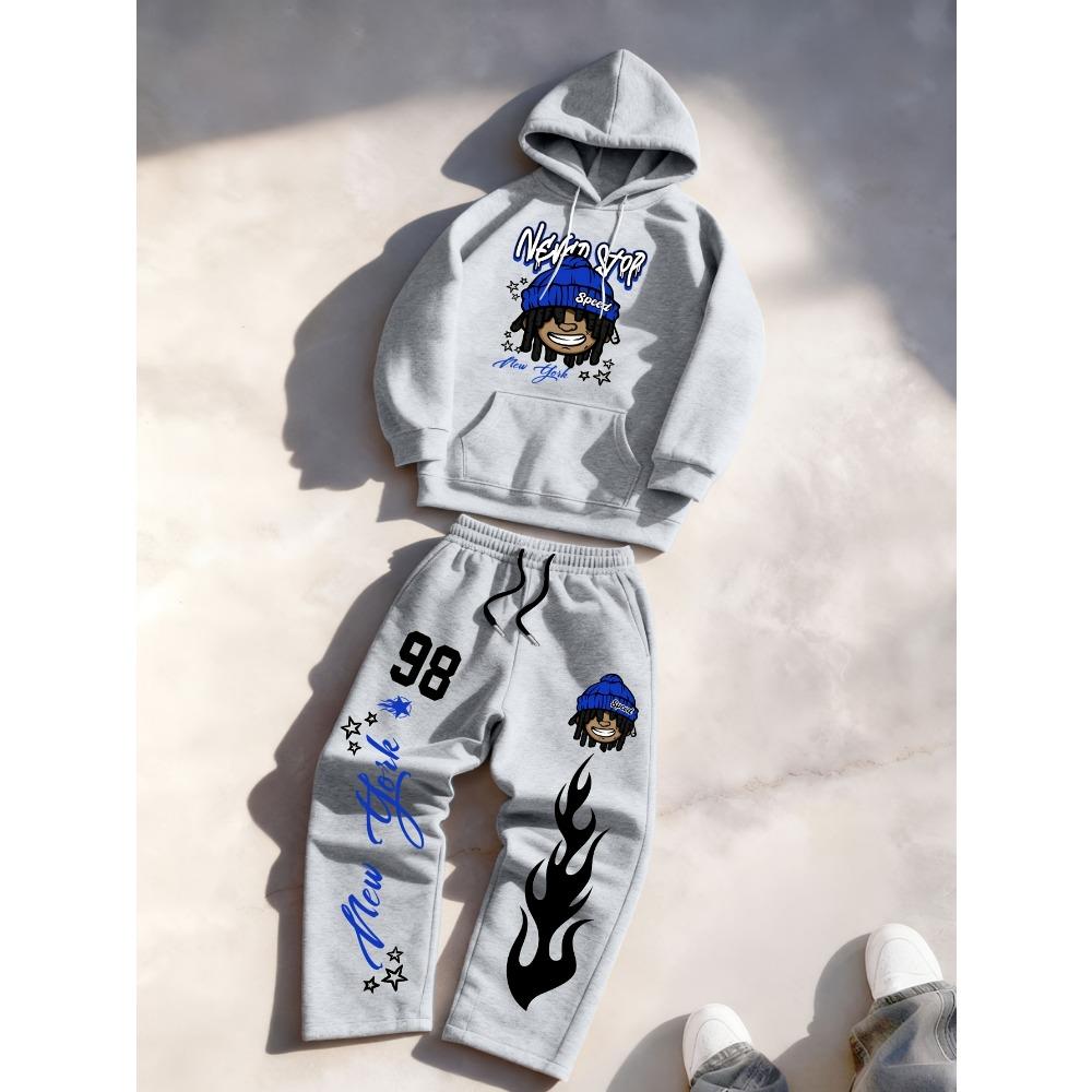 Men's Spring and Autumn Two Piece Sportswear, Cool Pattern Print, Multifunctional Drawstring Hooded Sportswear+drawstring Casual Sweatpants
