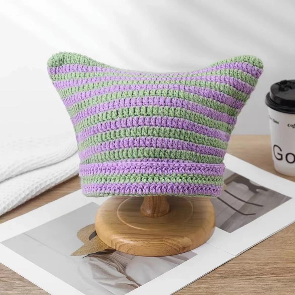 American-style cute cat-ear striped handmade knitted wool hat for women, new autumn and winter playful little devil headwrap hat