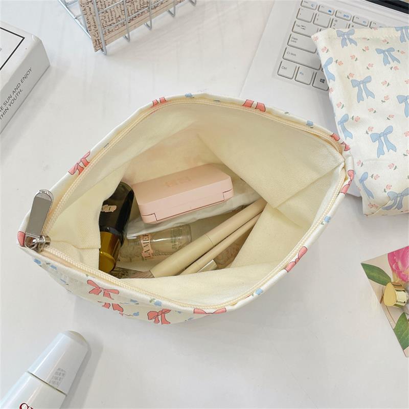 Cute Sweet Bow Printed Cosmetic Bag Large Capacity Portable Travel Storage Bag Women Simple Clutch Bag Girly Toiletry Bags Gifts