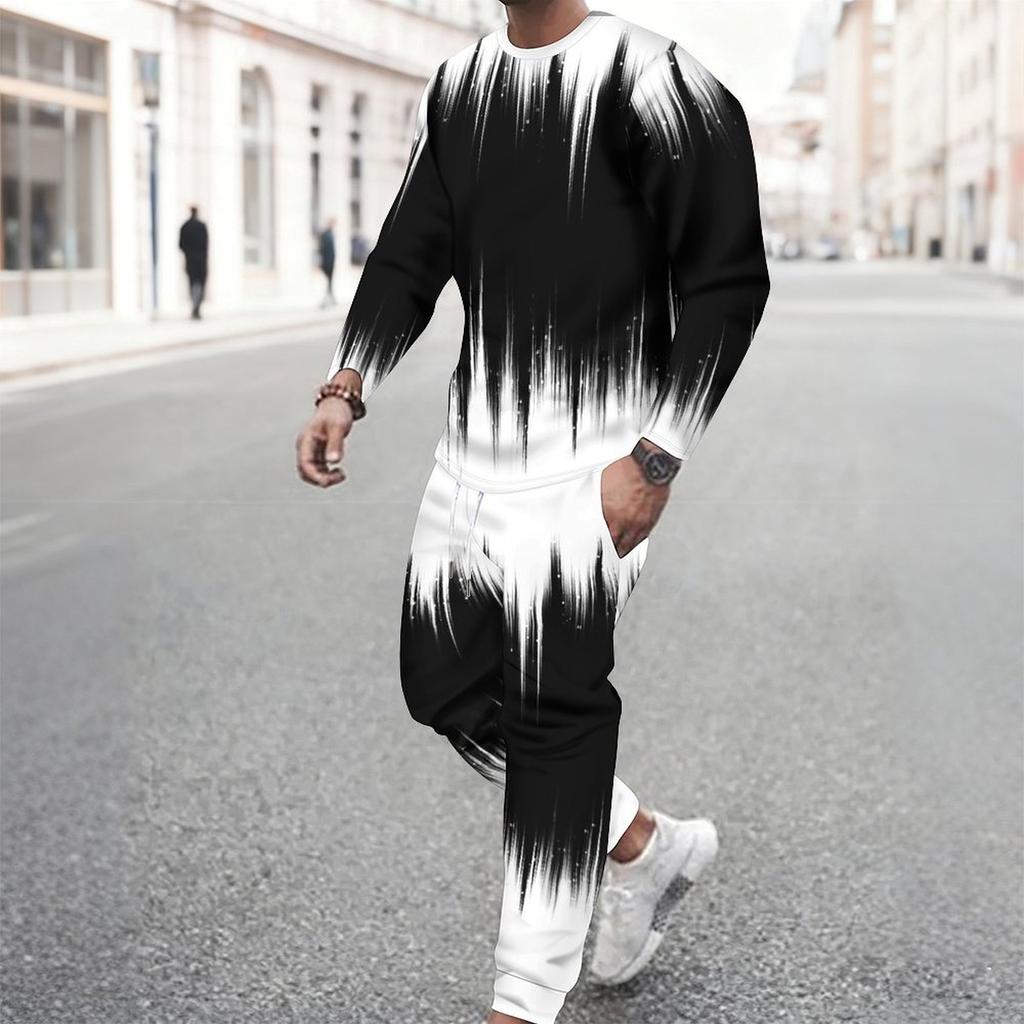 Men Black Cyan Brush Stroke Drip Gradient Print Long Sleeve Sweatshirt Jogger Pants Two Piece Suit