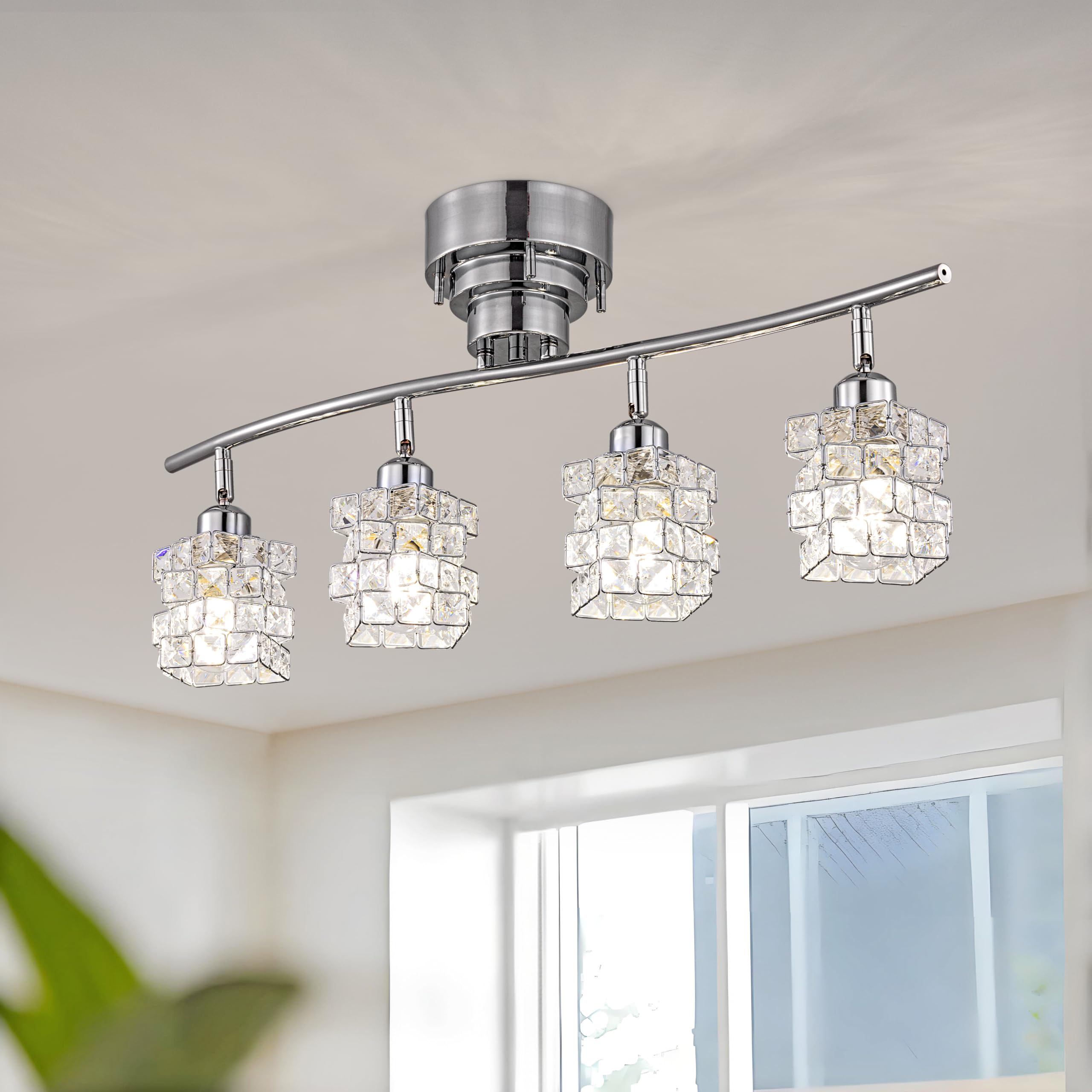 

Chende Ceiling Light, Nordic Crystal Shade, 4 Lights, LED Compatible, Chrome, Stylish, Antique, Modern, Simple, Silver, Bright, for Cafe, Bedroom,