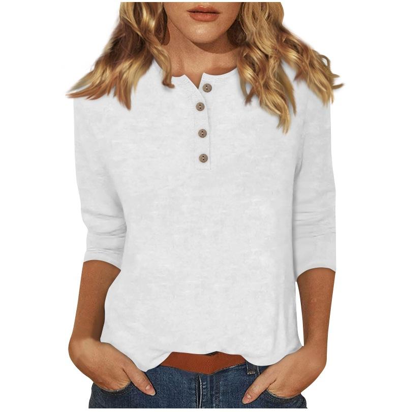 

Women s Long Sleeve Round Neck Button Detail Blouse Solid Color Casual Top S белый