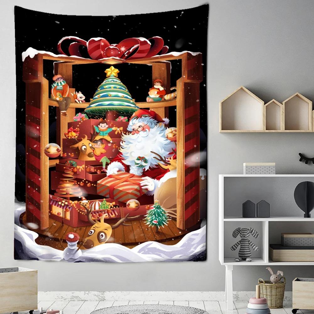 Cartoon Santa Claus Pattern Tapestry Home Bedroom Living Room Wall Decoration Christmas Theme Tapestry