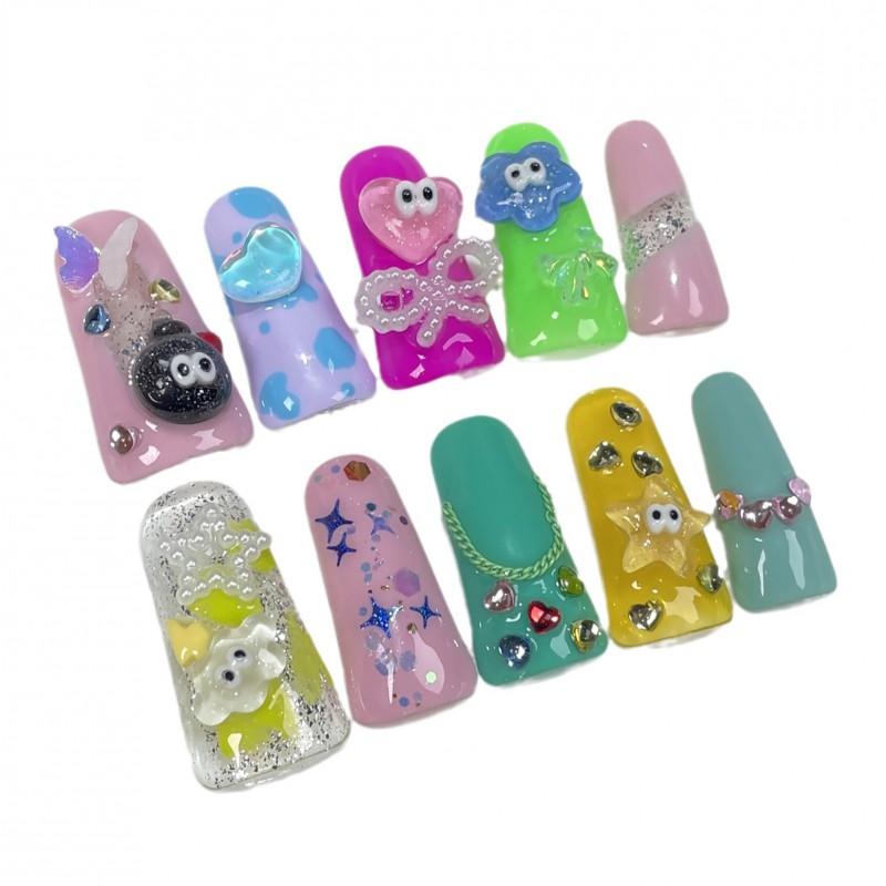 Cute Cartoon Duckbill Shape Press-On Nails With Heart Bow Design Thin Adhesive Nail Tips Women Girls