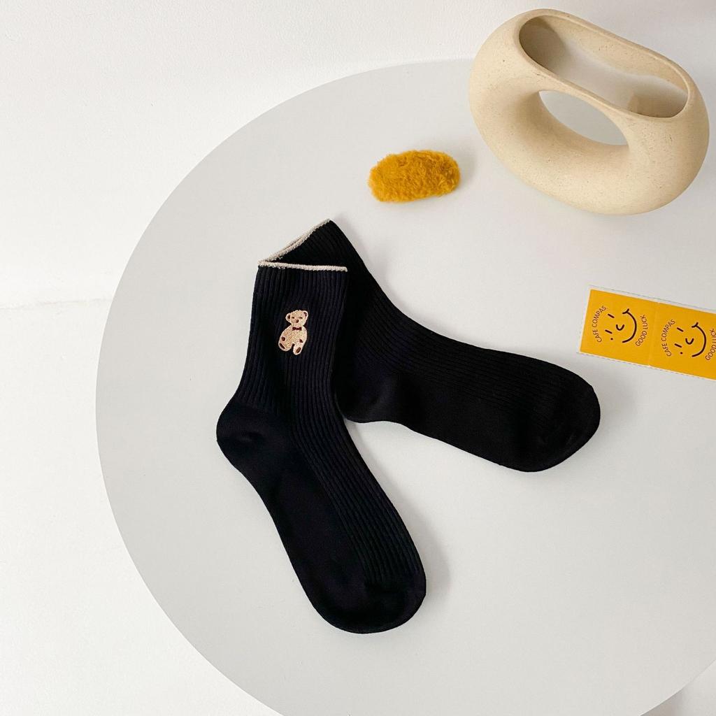 21 New Products Embroidered Bear Socks For Women, Simple And Cute College Style Socks, Casual Solid Color Medium Tube Socks Cotton.